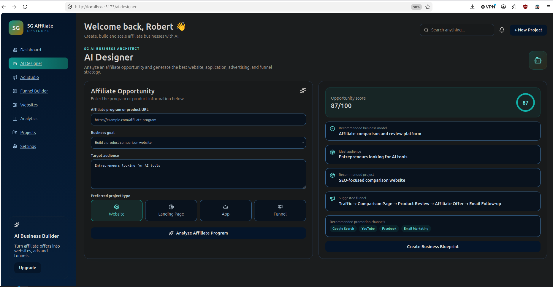 SG Affiliate Designer functional prototype showing affiliate analysis and AI-generated business recommendations.