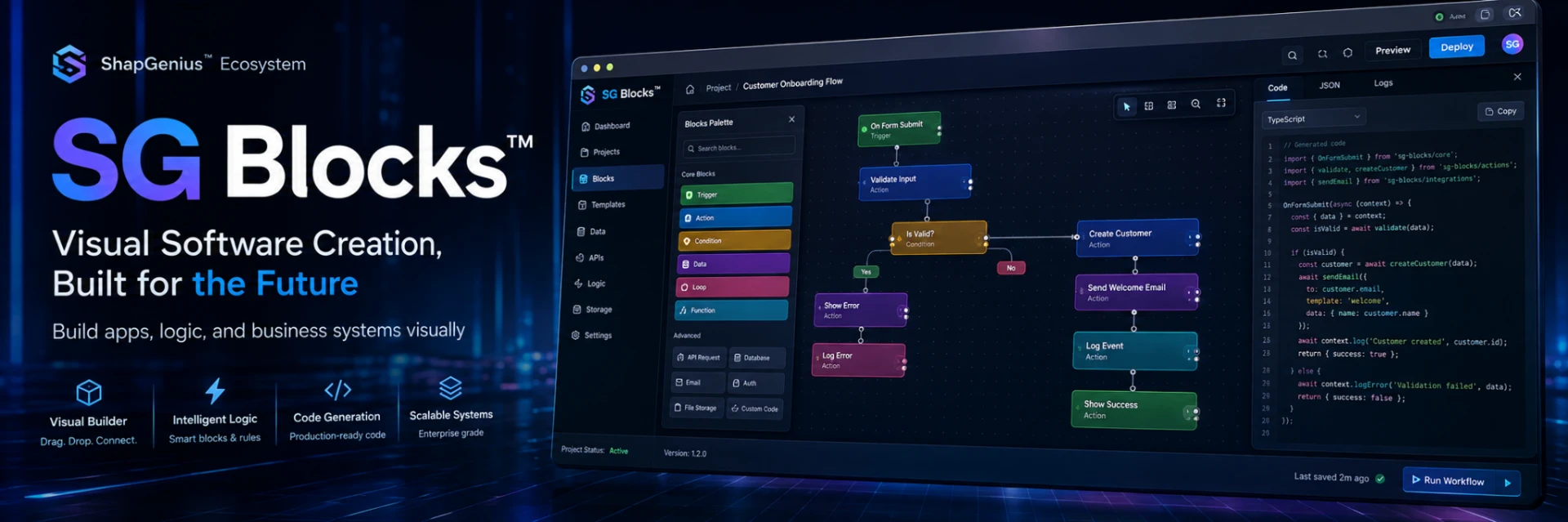 SG Blocks product-vision interface showing colorful visual workflows and generated TypeScript code